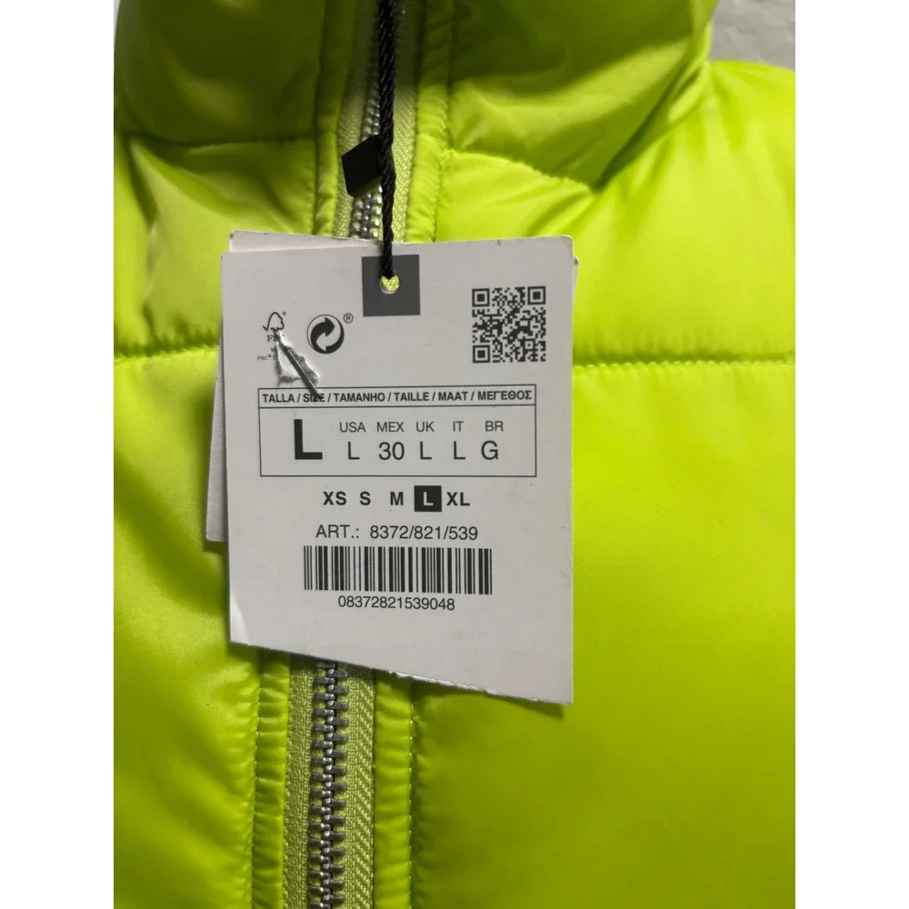 Zara‎ Neon Lime Green Puffer Vest Water Repellent Wind Protection NWT Large